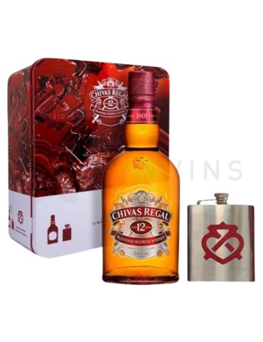 Whisky Chivas Regal 12A. Estuche metálico con petaca regalo